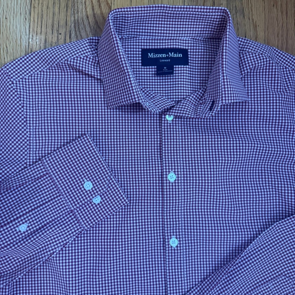 Mizzen+Main Mens M Trim Leeward Red White Gingham Check Long Sleeve Dress Shirt